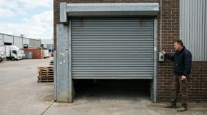 man beside a rolling steel door