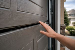 Close-up of a partially open residential garage door with an adult hand reaching near the narrow gap between sectional panels, highlighting a potential pinch-point hazard.