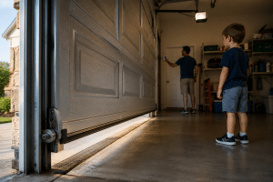 Young child standing safely away as an adult operates a descending residential garage door, with the moving door, rollers, and lower edge in clear view.